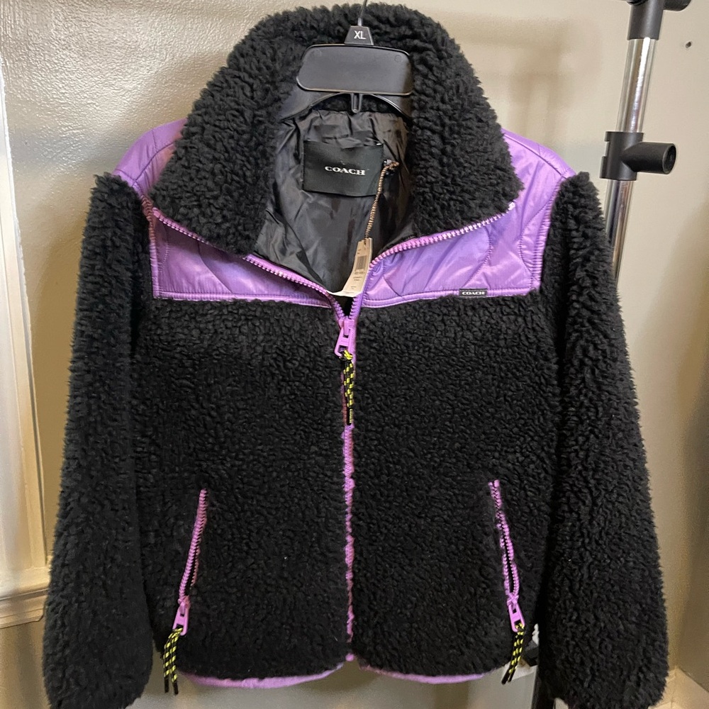 NWT Coach Quilted Sherpa Black/Purple Zip Up Jacket Size XS MSRP: $598